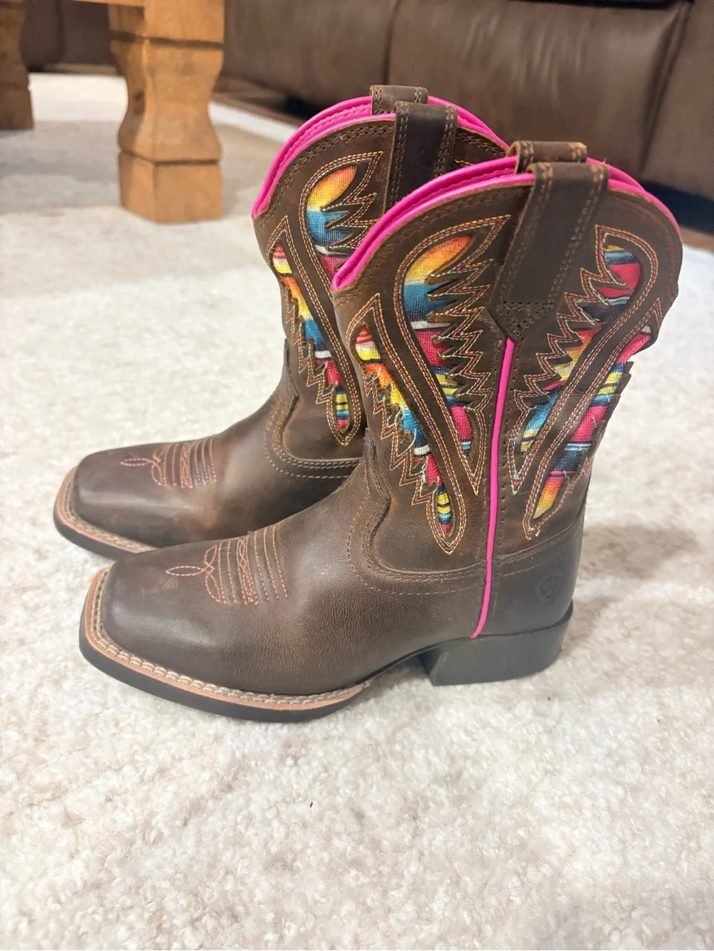 Ariat Girls Brown Leather Cowboy Boots with Pink & Multi-Color Inset Size 11